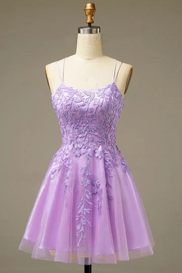 Lila A-Linie Homecoming-Kleid, Cocktailkleid aus Tüll mit Applikationen, nv1599