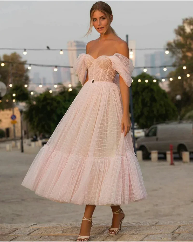 Rosa A-Linie Tüll herzförmiger Ausschnitt Teepausenlänge Homecoming Kleid Partykleid nv2244