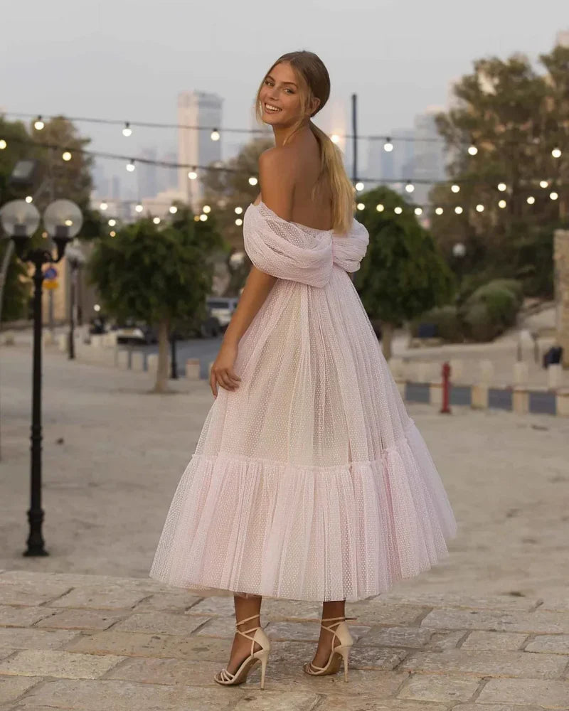 Rosa A-Linie Tüll herzförmiger Ausschnitt Teepausenlänge Homecoming Kleid Partykleid nv2244