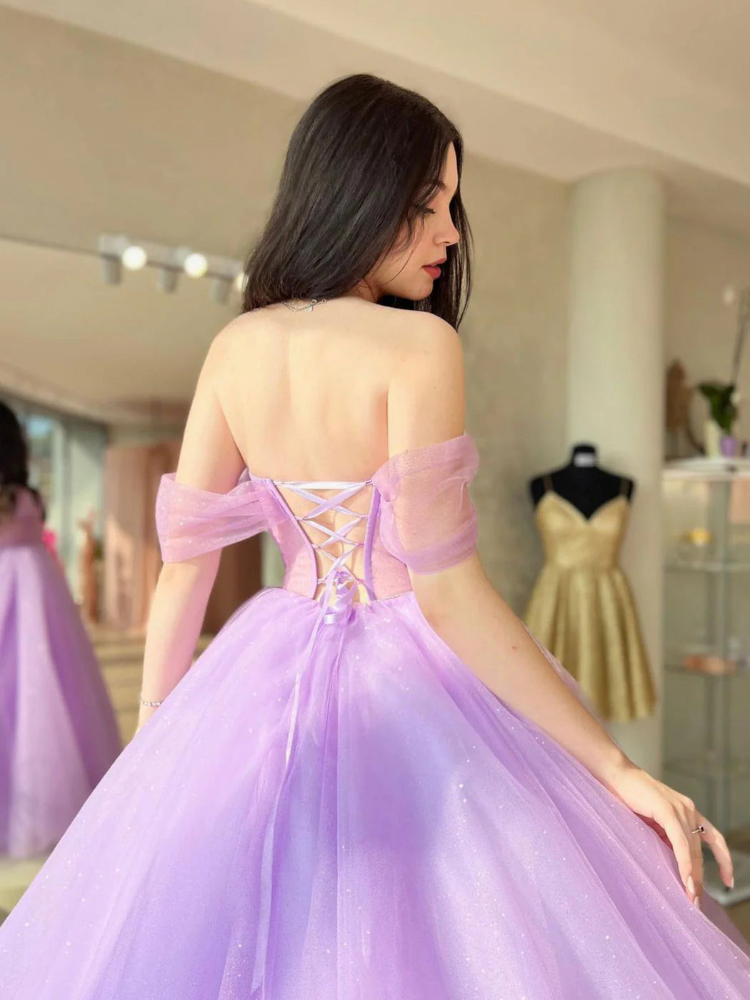 A-Linie Herzausschnitt Tüll Lila Langes Ballkleid, Lila Abendkleider nv1527