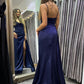 A-Linie, rückenfrei, marineblau, langes Satin-Ballkleid mit hohem Schlitz, langes, marineblaues, formelles Abschluss-Abendkleid, nv1503