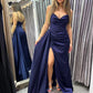 A-Linie, rückenfrei, marineblau, langes Satin-Ballkleid mit hohem Schlitz, langes, marineblaues, formelles Abschluss-Abendkleid, nv1503