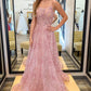 A-Linie, rückenfrei, langes Ballkleid aus rosa Spitze mit Pailletten, rückenfrei, formelles Kleid aus rosa Spitze, Abendkleid aus rosa Spitze mit Blumenmuster, nv1566