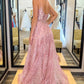A-Linie, rückenfrei, langes Ballkleid aus rosa Spitze mit Pailletten, rückenfrei, formelles Kleid aus rosa Spitze, Abendkleid aus rosa Spitze mit Blumenmuster, nv1566