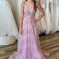 A-Linie, rückenfrei, langes Ballkleid aus rosa Spitze mit Pailletten, rückenfrei, formelles Kleid aus rosa Spitze, Abendkleid aus rosa Spitze mit Blumenmuster, nv1566
