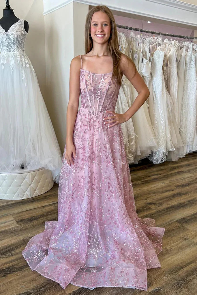 A-Linie, rückenfrei, langes Ballkleid aus rosa Spitze mit Pailletten, rückenfrei, formelles Kleid aus rosa Spitze, Abendkleid aus rosa Spitze mit Blumenmuster, nv1566