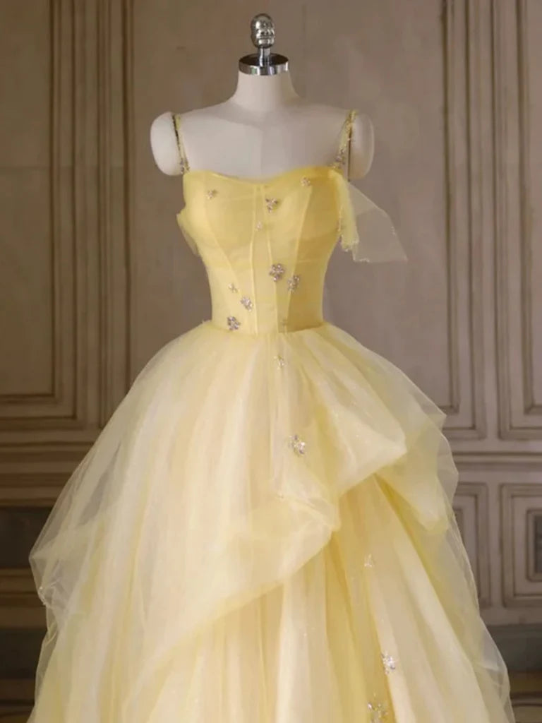 Yellow Tulle Spaghetti Strap A-Line Beaded Tiered Long Ball Gown Formal Evening Dress banquet outfit nv2992