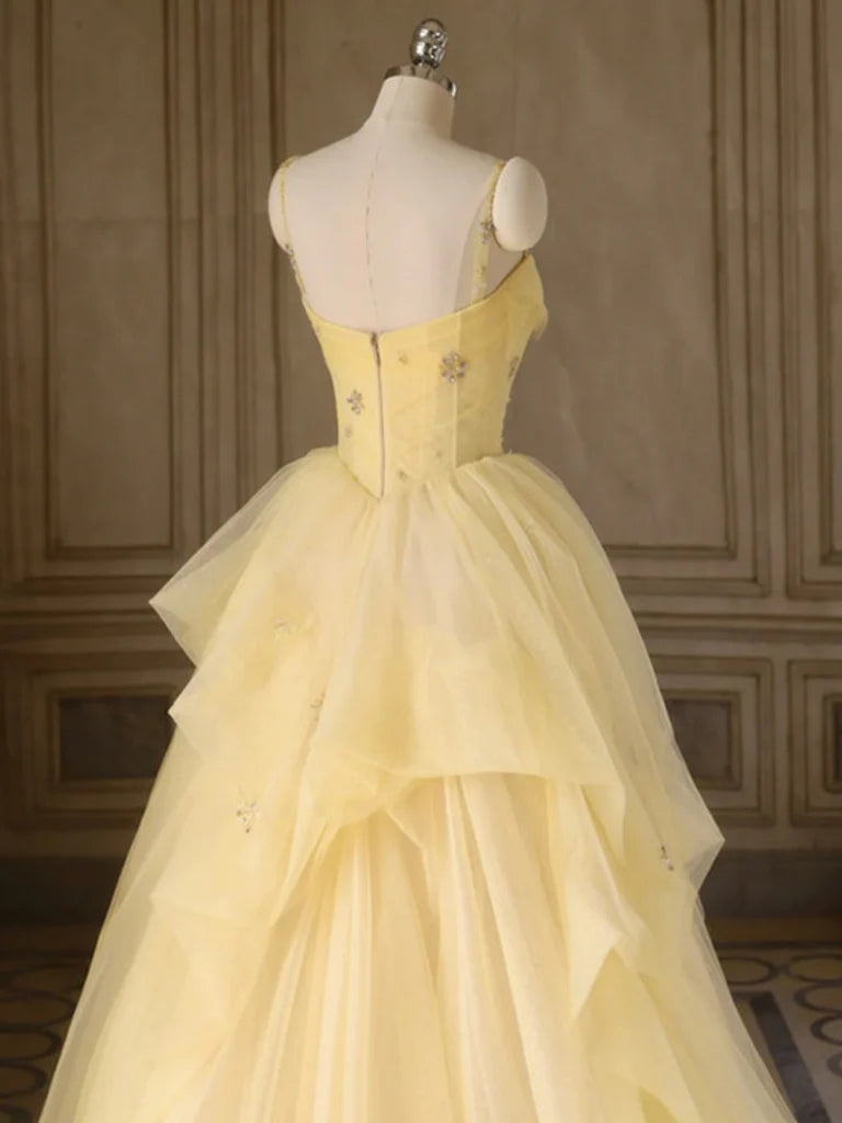 Yellow Tulle Spaghetti Strap A-Line Beaded Tiered Long Ball Gown Formal Evening Dress banquet outfit nv2992