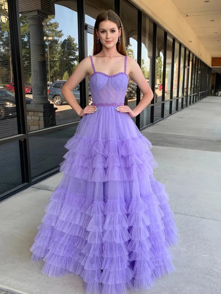 A-Linie, herzförmiger Ausschnitt, Perlenträger, lila/schwarz, lange Ballkleider, lila/schwarz, mehrlagiges Tüll-Abendkleid, nv1505