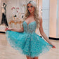 A-Linie V-Ausschnitt Blaue Spitzen-Ballkleider, Kurze blaue Spitzen-Homecoming-Kleider, Blaue formelle Abschluss-Abendkleider nv1474
