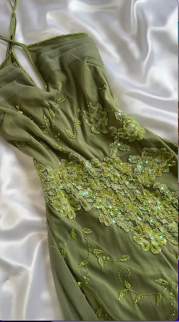 NiceVestidos - Robe de soirée courte en mousseline de soie à fleurs vertes nv5571