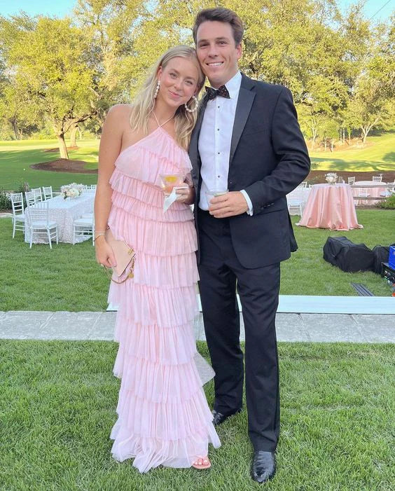 Robe de soirée longue en tulle rose à dos nu nv1353
