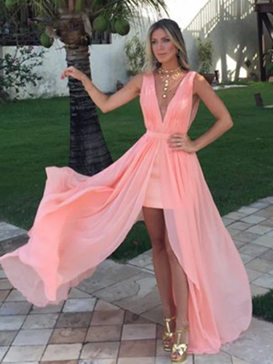 A-Linie V-Ausschnitt Rüschen Rosa Chiffon Lange Ballkleider, Rosa V-Ausschnitt Abendkleider, Rosa Lange Abendkleider nv1492