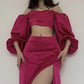 Robe de bal longue fendue en satin vintage deux pièces fuchsia, tenue de fête longue, tenue d'anniversaire nv2029