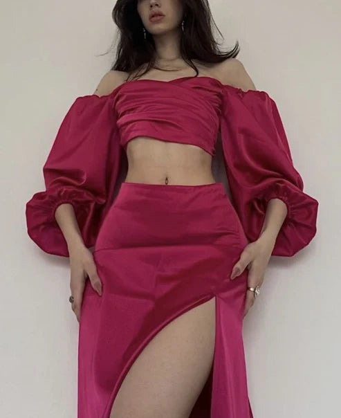 Robe de bal longue fendue en satin vintage deux pièces fuchsia, tenue de fête longue, tenue d'anniversaire nv2029