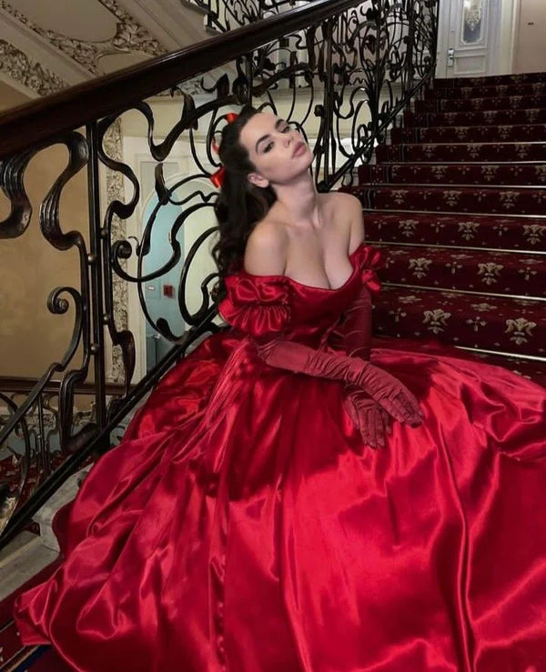 Beautiful elegant red off shoulder long satin A-line prom dress evening gown Christmas holiday party dress nv3066