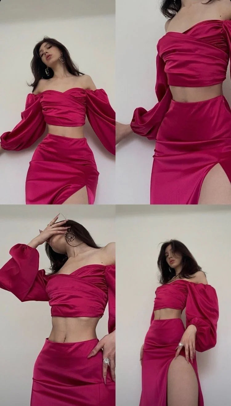 Robe de bal longue fendue en satin vintage deux pièces fuchsia, tenue de fête longue, tenue d'anniversaire nv2029