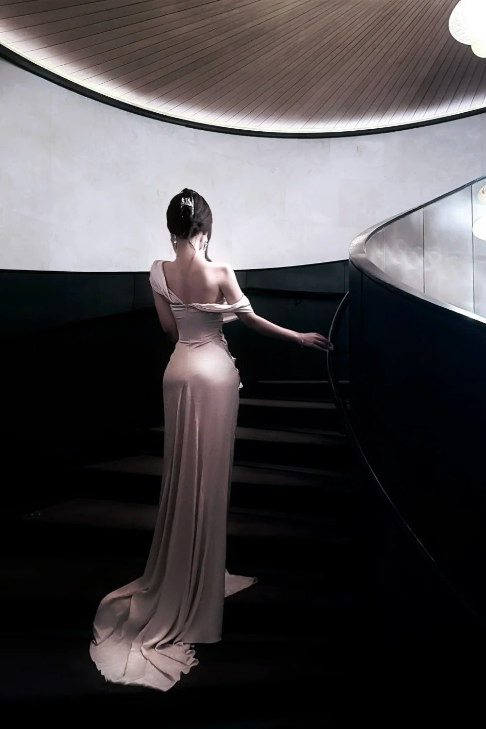 Champagne Moonlight - One-Shoulder Twist Satin Gown, Train Elegant Evening Dress NV6856