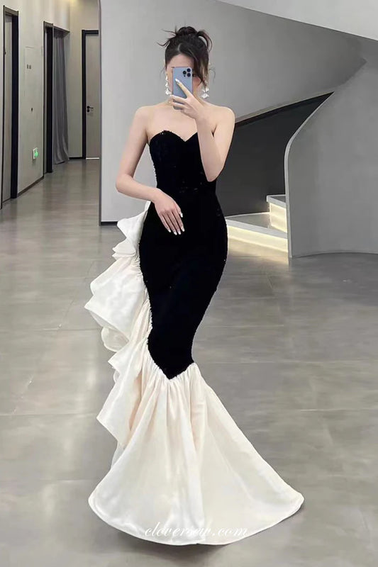 Black and White Elegant Mermaid Sweetheart Satin Long Ball Gown Evening Dress Party Dress nv2318