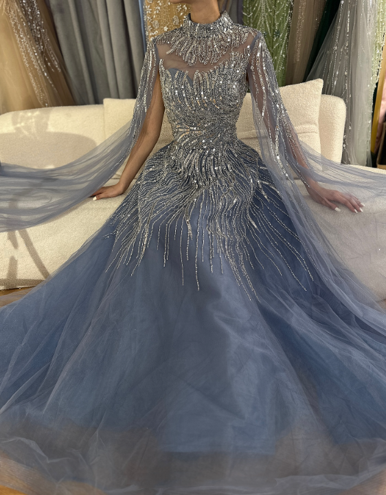 NiceVestidos - Robe longue en tulle bleu, exquise et luxueuse NV6074