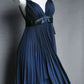 Robe de soirée plissée courte en satin bleu marine, robe d'anniversaire nv5142