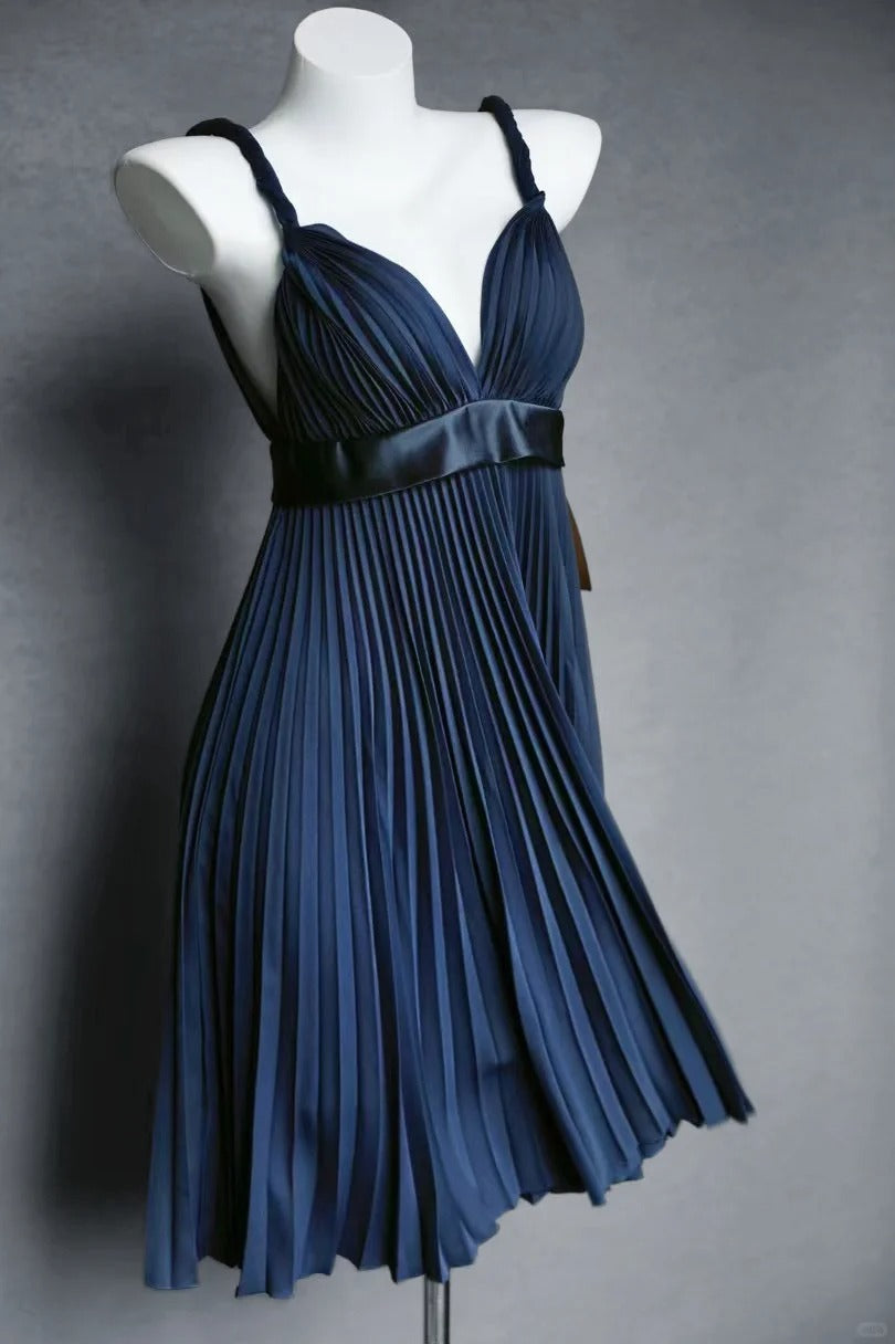 Robe de soirée plissée courte en satin bleu marine, robe d'anniversaire nv5142