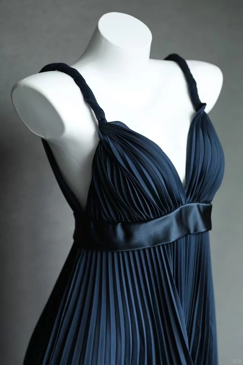 Robe de soirée plissée courte en satin bleu marine, robe d'anniversaire nv5142