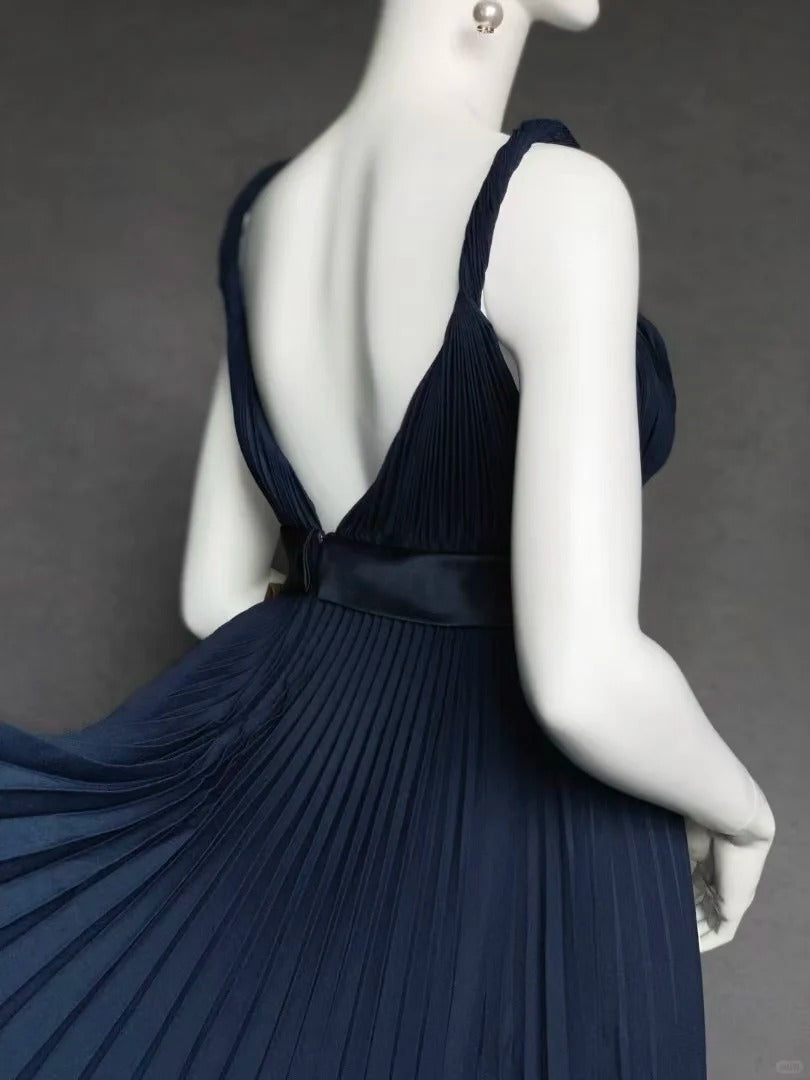 Robe de soirée plissée courte en satin bleu marine, robe d'anniversaire nv5142