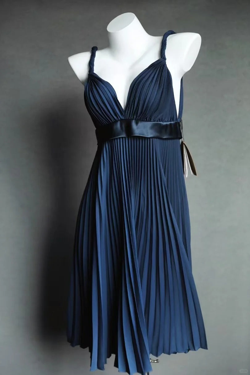 Robe de soirée plissée courte en satin bleu marine, robe d'anniversaire nv5142