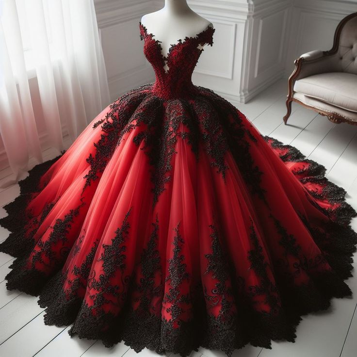 NiceVestidos – Burgunderrotes, zartes, bodenlanges Ballkleid aus schwarzer Spitze und Tüll NV6064