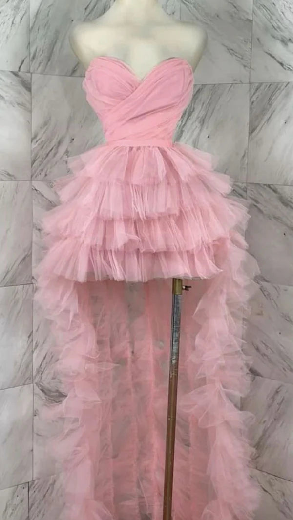 Pink sweet skirt irregular short front and long back sleeveless tulle long skirt long prom dress evening dress graduation dress nv2676