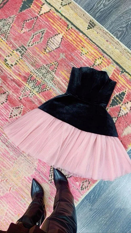 Schwarzes, rosafarbenes, kurzes Chiffon-Heimkehrkleid aus Samt, Geburtstagspartykleid, NV5299