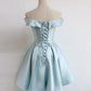 Robe de soirée courte bleue à épaules dénudées vintage, tenue d'anniversaire, robe de bal, robe de soirée nv2060