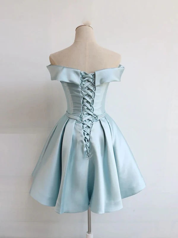 Robe de soirée courte bleue à épaules dénudées vintage, tenue d'anniversaire, robe de bal, robe de soirée nv2060