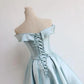 Robe de soirée courte bleue à épaules dénudées vintage, tenue d'anniversaire, robe de bal, robe de soirée nv2060