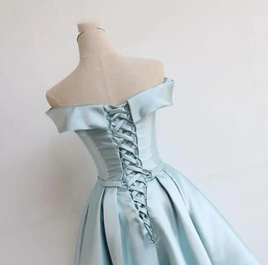 Robe de soirée courte bleue à épaules dénudées vintage, tenue d'anniversaire, robe de bal, robe de soirée nv2060