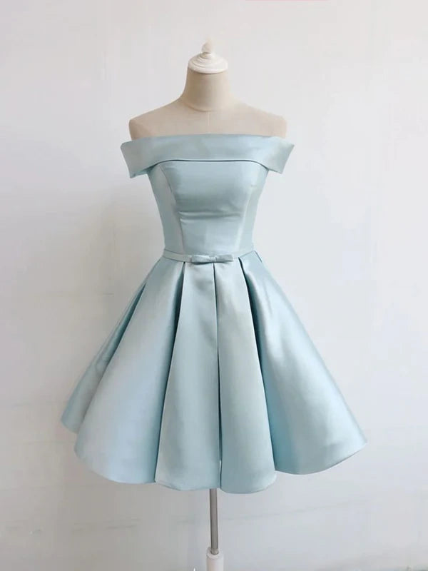 Robe de soirée courte bleue à épaules dénudées vintage, tenue d'anniversaire, robe de bal, robe de soirée nv2060