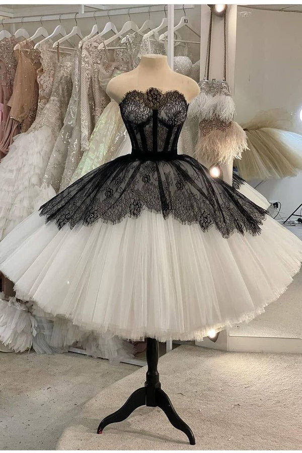 Schwarzes und weißes trägerloses kurzes Ballkleid Homecoming-Kleid Partykleid NV2055