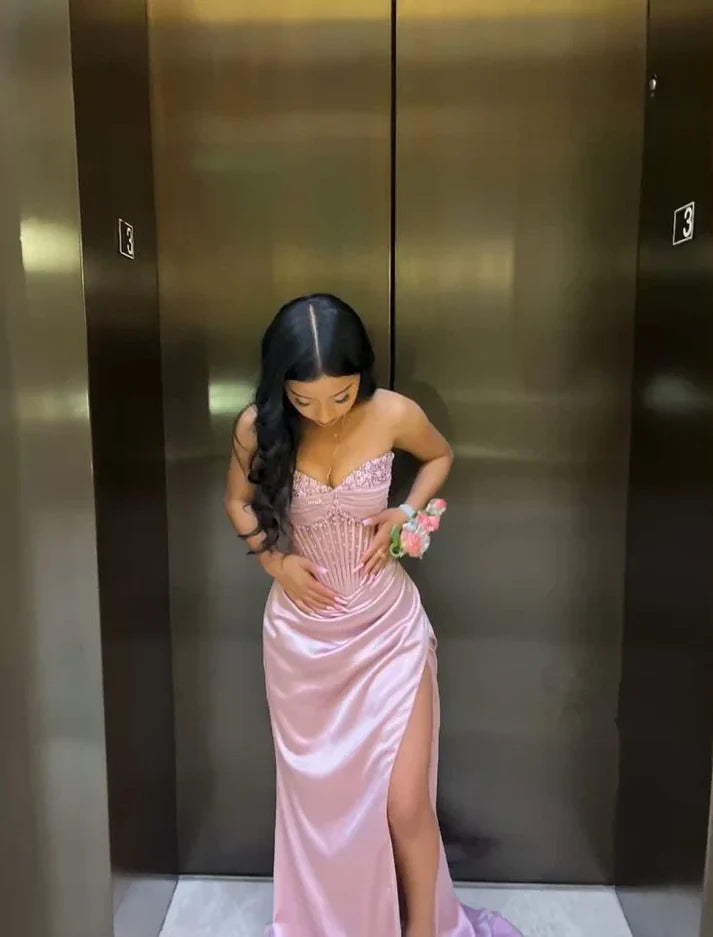 Robe de soirée longue en satin rose, magnifique, brillante, exquise, perlée, élégante et sexy, fendue, robe de bal, robe de soirée nv4146