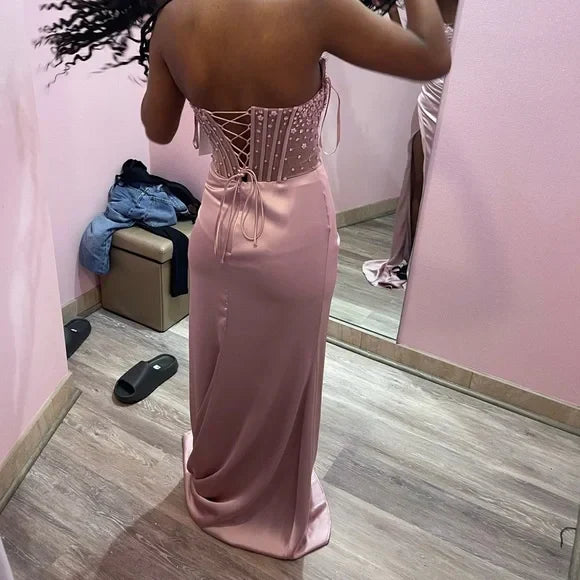 Robe de soirée longue en satin rose, magnifique, brillante, exquise, perlée, élégante et sexy, fendue, robe de bal, robe de soirée nv4146
