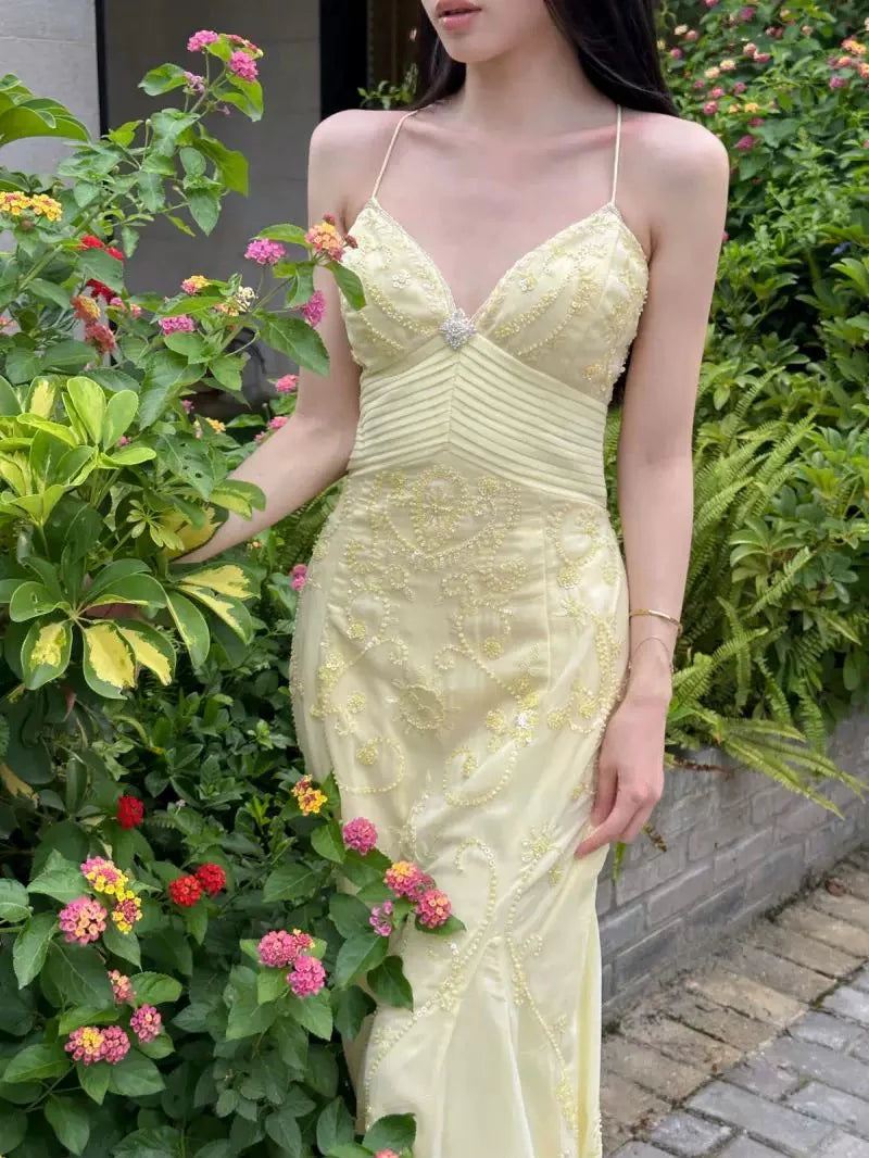 Sweet Elegant Mermaid Spaghetti Strap Yellow Chiffon Long Ball Gown Evening Dress with Beading nv2759