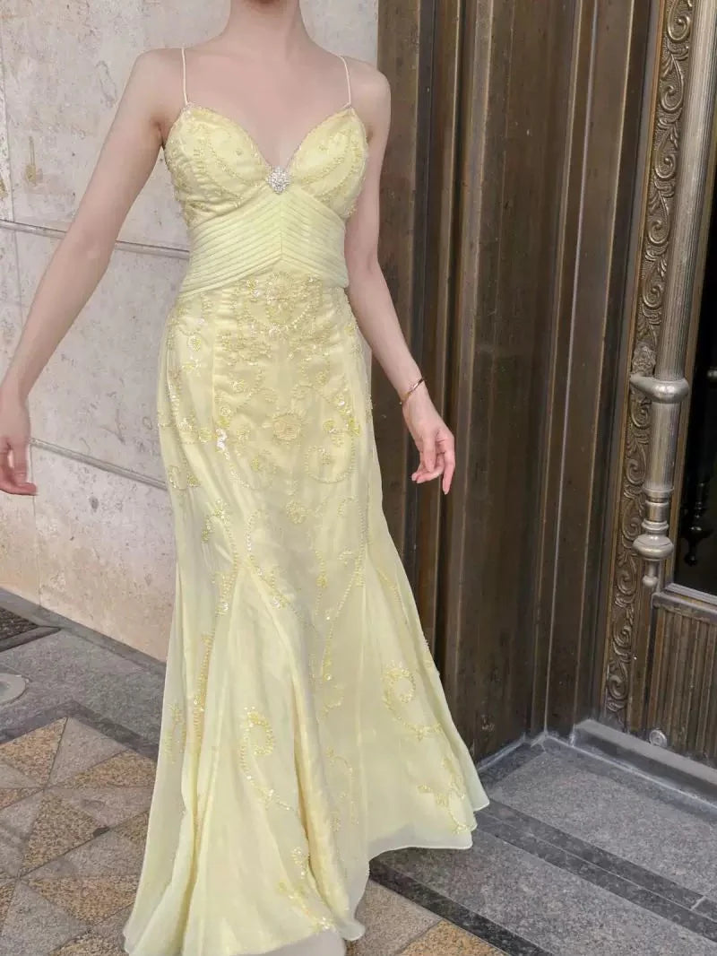 Sweet Elegant Mermaid Spaghetti Strap Yellow Chiffon Long Ball Gown Evening Dress with Beading nv2759