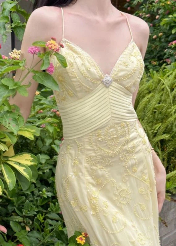 Sweet Elegant Mermaid Spaghetti Strap Yellow Chiffon Long Ball Gown Evening Dress with Beading nv2759