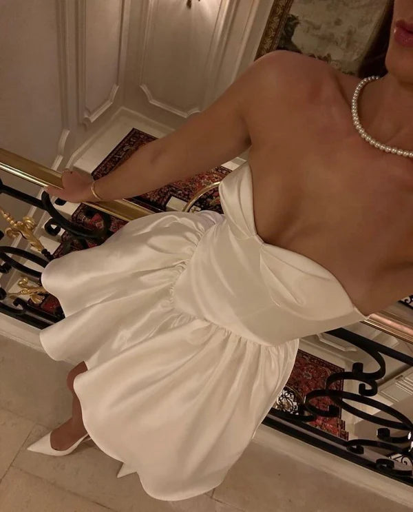 Schlichtes A-Linien-Kleid mit Herzausschnitt, elfenbeinfarben, kurzes Satin-Heimkehrkleid, Geburtstagspartykleid, nv2857