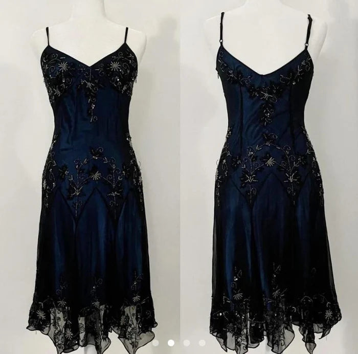 NiceVestidos - Robe de bal longue en mousseline de soie, élégante et raffinée, style vintage, bleu marine, faite à la main, avec bretelles spaghetti et perles, Nv5606