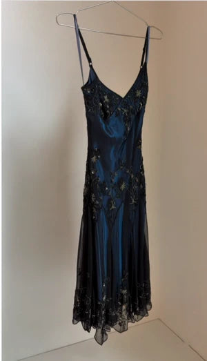 NiceVestidos - Robe de bal longue en mousseline de soie, élégante et raffinée, style vintage, bleu marine, faite à la main, avec bretelles spaghetti et perles, Nv5606