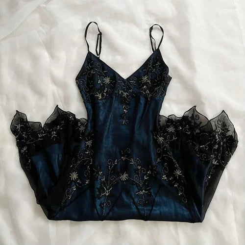 NiceVestidos - Robe de bal longue en mousseline de soie, élégante et raffinée, style vintage, bleu marine, faite à la main, avec bretelles spaghetti et perles, Nv5606