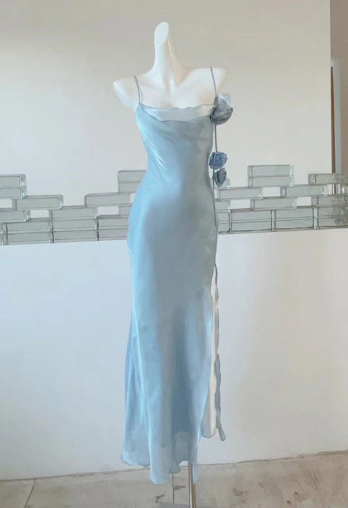 NiceVestidos--Light Blue Elegant Satin Long Spaghetti Strap Floral Ball Gown Nv5604