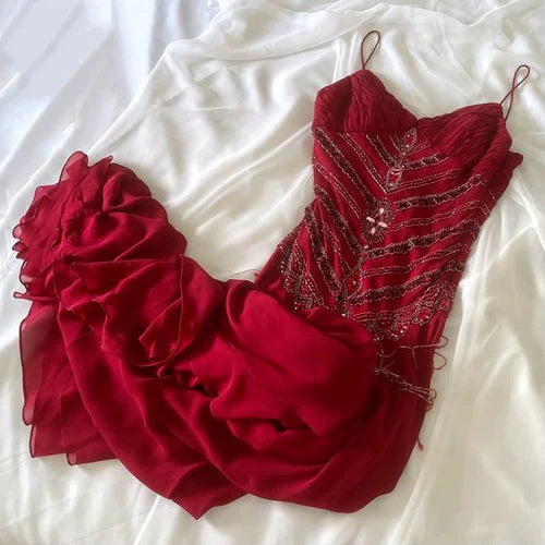 NiceVestidos--Burgundy exquisite beaded spaghetti strap long chiffon fairy dress ball gown evening dress NV5725