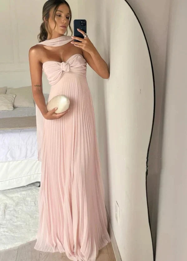 Rosa schulterfreies Chiffon fließendes langes elegantes Abendkleid Hochzeitsgastkleid Brautjungfernkleid nv2118